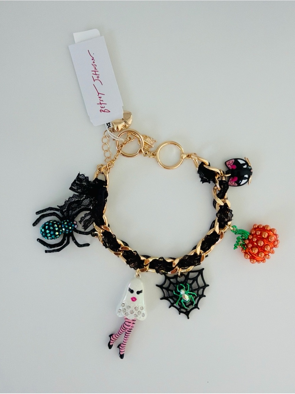 Betsey Johnson Ghost Girl, Spider, Web, Pumpkin & Devil Cat Charm Bracelet NWT
